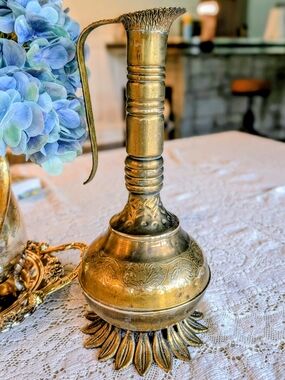 Vintage Ornate Etched Brass Jerusalem Oil Pitcher